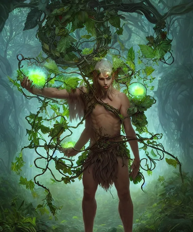 Prompt: a male! spore druid with leaf and vine themed clothing, fully clothed, glowing energy, d & d, fantasy, intricate, cinematic lighting, highly detailed, digital painting, artstation, concept art, smooth, sharp focus, illustration, subject in the middle of the frame, art by artgerm and greg rutkowski and alphonse mucha