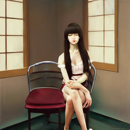 Image similar to oil painting by ilya kuvshinov,, baugh casey, rhads, coby whitmore, of a youthful japanese beauty, long hair, sitting on antique chair leaning against a desk, victorian room, highly detailed, breathtaking face, studio photography