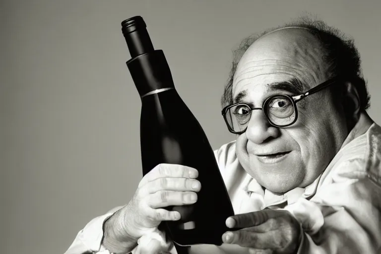 Image similar to closeup portrait of danny devito in the shape of a wine bottle, natural light, sharp, detailed face, magazine, press, photo, steve mccurry, david lazar, canon, nikon, focus