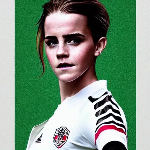 Image similar to a portrait of emma watson as a lokomotiv football player, hyper realistic, highly detailed