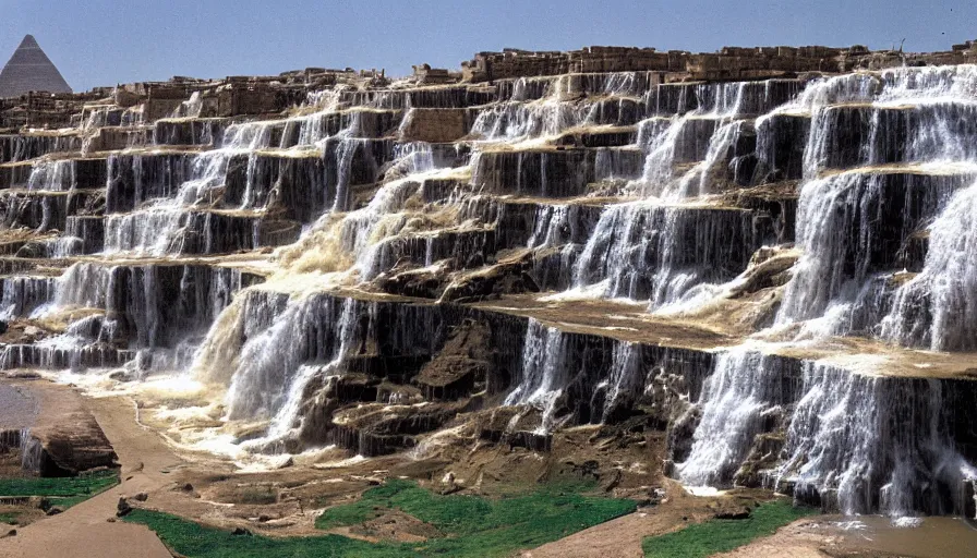 Prompt: waterfalls are flowing down the pyramids, archive photo, paradise