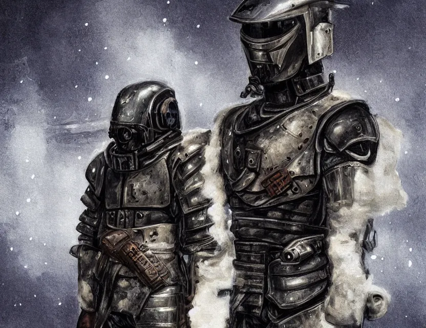 Prompt: a detailed portrait painting of a lone bounty hunter wearing combat armour and a reflective visor. Head and chest only. Dystopian. Dieselpunk elements. Movie scene, cinematic sci-fi scene. Flight suit, cloth and metal, accurate anatomy. Samurai influence, knight influence. fencing armour. portrait symmetrical and science fiction theme with lightning, aurora lighting. clouds and stars. Atmospheric. Futurism by moebius beksinski carl spitzweg moebius and tuomas korpi. baroque elements. baroque element. intricate artwork by caravaggio. Oil painting. Trending on artstation. 8k
