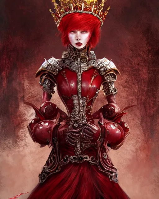 Image similar to redhead queen in heavy red armor, inside an epic gothic castle, baroque, large crown, face with scars, mad grin, insane smile, intimidating, ominous, high fantasy, intricate detail, digital painting, artstation, concept art, smooth, sharp focus, illustration, art by yoshitaka amano and monia merlo and wlop