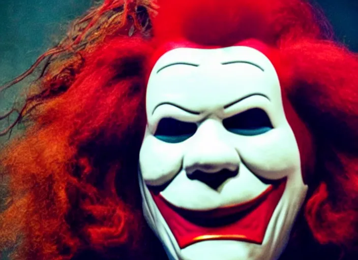 Image similar to publicity photo still of ronald mcdonald wearing a slipknot mask touring with slipknot live on stage, 8 k, live concert lighting, mid shot