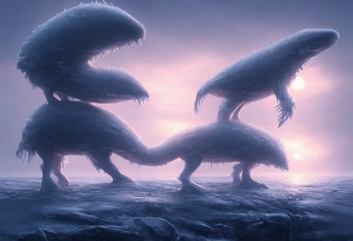 Image similar to strange sea animal emerging from surface of another frozen winter planet at sunset, ultra high definition, ultra detailed, symmetry, fog, matte painting, by greg rutkowski and ross tran and wlop