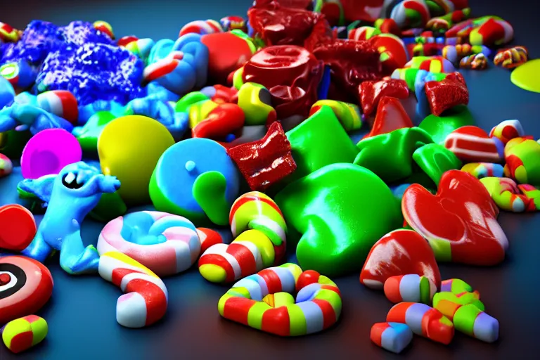 Prompt: 3 d render of a children's show full of candy, horror movie, octane render, 8 k