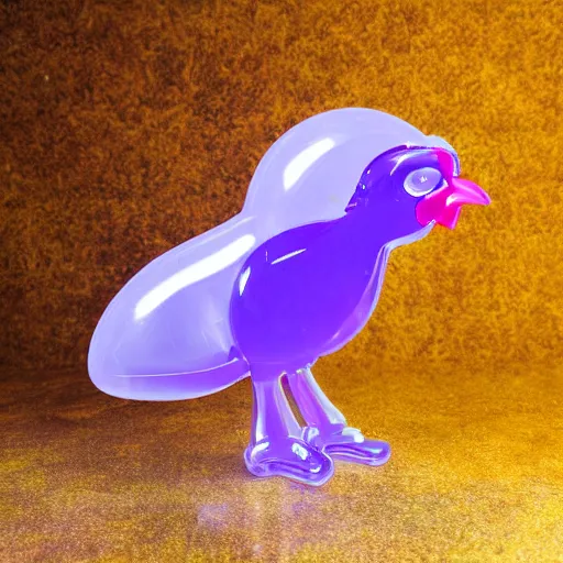 Prompt: photo of a translucent clear chibi style chicken with symmetrical head and eyes, made out of clear plastic, but has purple hypercolor glowing electric energy inside its body, and electricity flowing around the body. in the forest. fantasy magic style. highly detailed 8 k. intricate. nikon d 8 5 0 3 0 0 mm. award winning photography. design by pixar