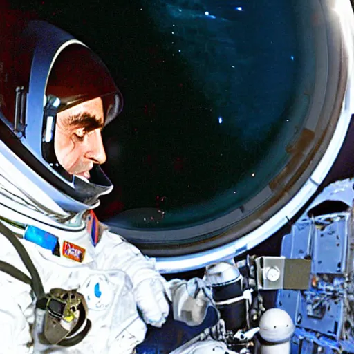 Prompt: extremely detailed photo of carl sagan looking through visor of spacesuit, mars rover in background