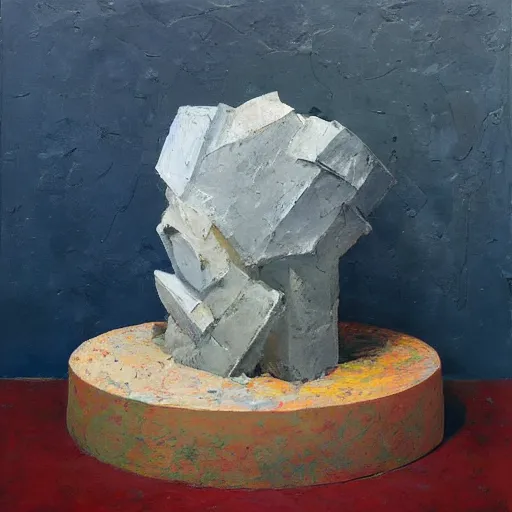 Image similar to an impasto painting by shaun tan of an abstract sculpture by the caretaker and john chamberlain