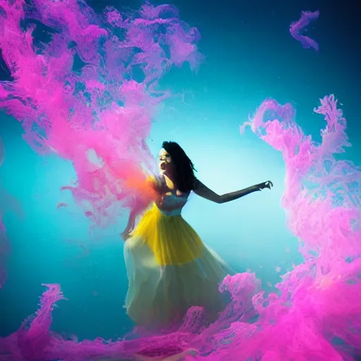 Image similar to woman dancing underwater wearing a flowing dress made of blue, magenta, and yellow seaweed, delicate coral sea bottom, swirling silver fish, swirling smoke shapes, octane render, caustics lighting from above, cinematic, hyperdetailed