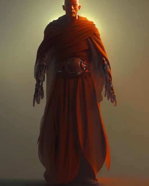 Image similar to a cyborg warrior monk with praying hands, wearing a flowing cloak, cyborg hardware, 3 d render, octane, zbrush, painting, artstation, concept art, smooth, sharp focus, illustration, art by artgerm and greg rutkowski