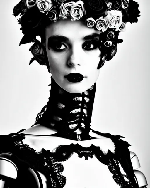 Image similar to dreamy surreal poetic black and white photo of a beautiful young bio-mechanical-female-cyborg-robot with a very long neck and a super big gothic lace collar and a very high big floral crown with many black dry roses by Vivienne Westwood:: smoke, high fashion, haute couture, rococo, avant-garde, elegant, dreamy, hyper realistic, 150 mm lens, soft rim light, octane render, unreal engine, picture was taken in 1910 by Dora Maar, volumetric lighting, dramatic light,8k,