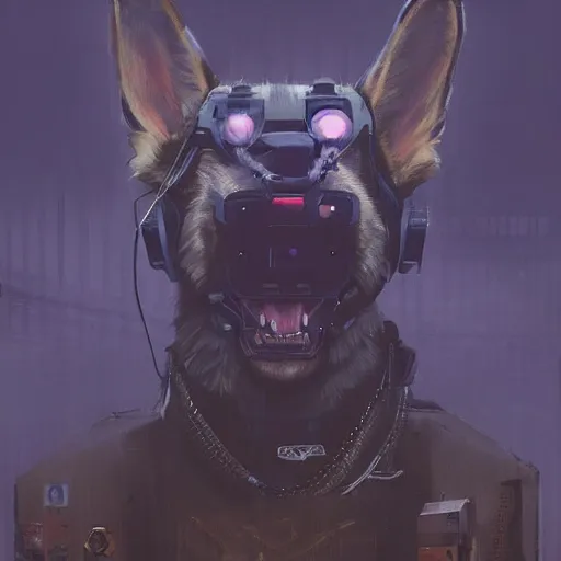 Image similar to new york city portrait of furry anthro anthropomorphic german shepard head animal person fursona wearing clothes strange cybernetic muzzle gloomy rainy cyberpunk digital art by Greg Rutkowski, Simon Stalenhag, trending on Artstation, CGSociety