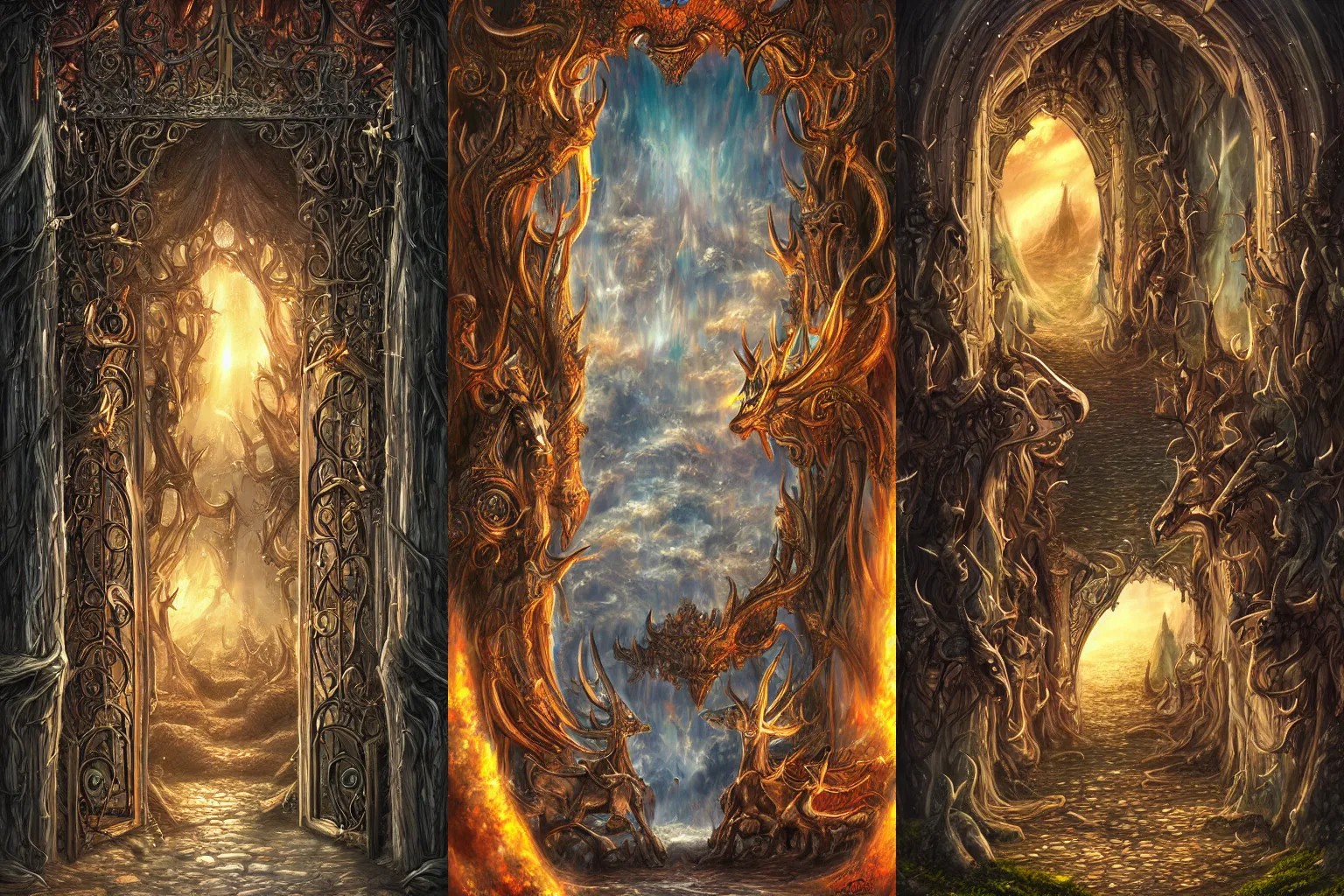 Prompt: the gate to the eternal kingdom of stags, fantasy, digital art, hd, detailed.