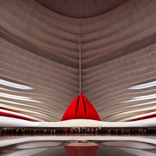 Image similar to interior of a futuristic lotus temple space station with gold, red and white marble panels, by santiago calatrava and zaha hadid and buckminster fuller and syd mead, intricate contemporary architecture, photo journalism, photography, cinematic, national geographic photoshoot