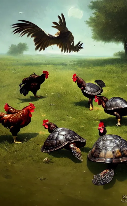 Image similar to chickens battling turtles, wide angle shot by greg rutkowski