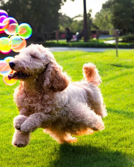 Prompt: stock photos of a golden doodle puppy chasing after a toddler who is blowing giant soap bubbles