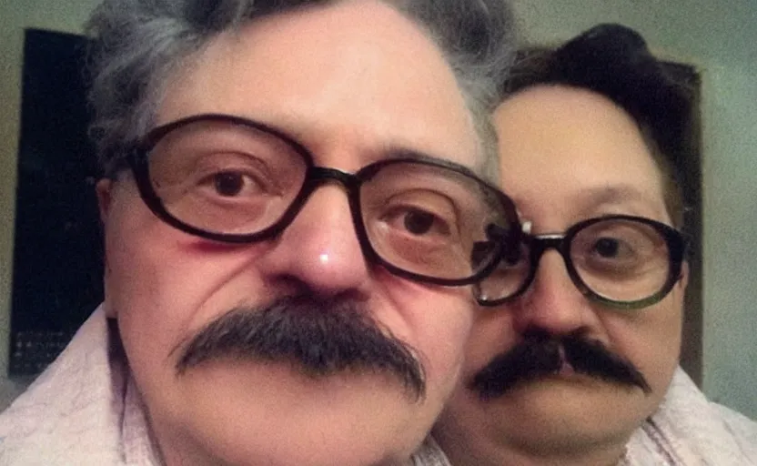 Prompt: my auntie that look like trotsky accidentally taking a selfie, front camera, camera flash is so bright in his face, viral, selfie, viral on twitter, viral on instagram, viral photo