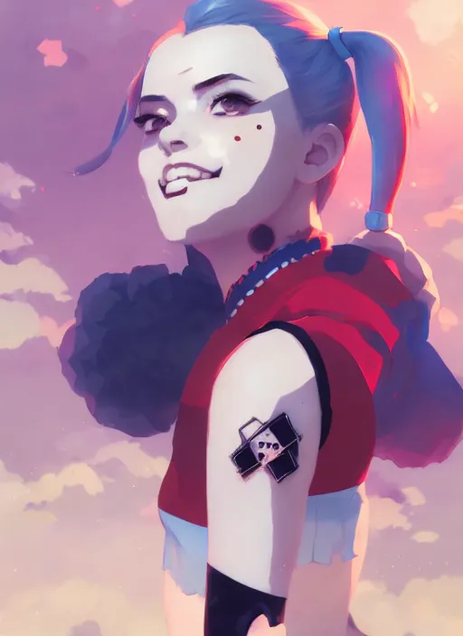 Image similar to portrait of harley quinn, cloudy sky background lush landscape illustration concept art anime key visual trending pixiv fanbox by wlop and greg rutkowski and makoto shinkai and studio ghibli