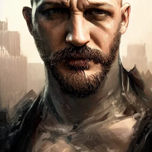 Image similar to closeup portrait of tom hardy as batman, city background, dramatic light, gorgeous view, depth, high detail, digital art, painted by greg rutkowski, trending on artstation