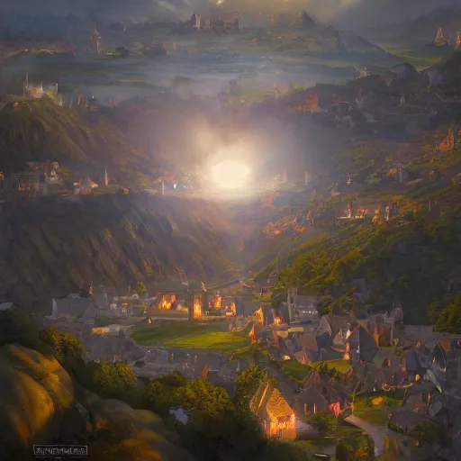 Prompt: aerial view of a hilly medieval town situated below an orb of light hanging in the sky. bright orb, by alan lee by peter mohrbacher, trending on artstation sharp focus vfx key shot