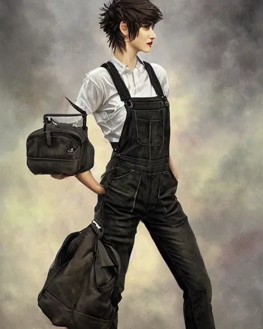 Image similar to a full body portrait beautiful androgynous punk girl with short hair and beautiful eyes, beautiful face, who is a mechanic wearing overalls with a utility bag, digital concept art, detailed digital painting, ornate decorative background, very aesthetic!!!!!!, by j. c. leyendecker and edward blair leighton and charlie bowater, trending on artstation