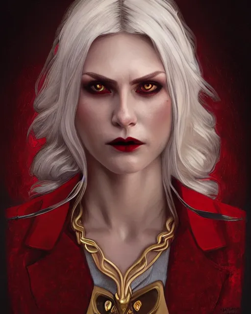 Prompt: female vampire, perfect face, gold waistcoat, red shirt, long grey hair, red necktie, cinematic, stunning, highly detailed, digital painting, artstation, smooth, hard focus, illustration, art by artgerm and greg rutkowski and alphonse mucha