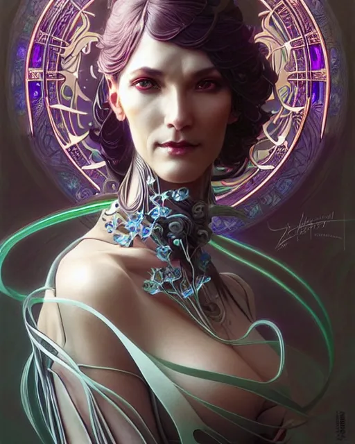 Image similar to Beautiful ethereal cyberpunk woman in her fifties, art nouveau, fantasy, intricate flower designs, elegant, highly detailed, sharp focus, art by Artgerm and Greg Rutkowski and WLOP