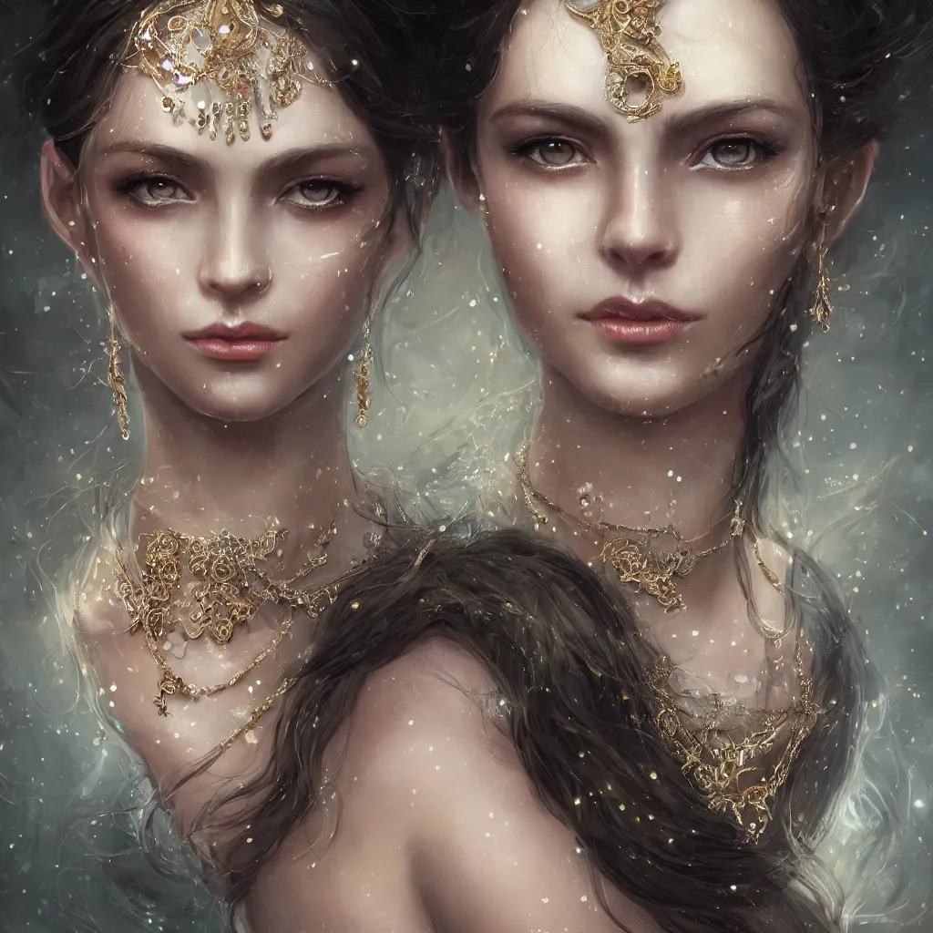 Image similar to realistic character concept, young princess with lots of jewelry in the face, elegant pose, scifi, illustration, slender symmetrical face and body, artstation, cinematic lighting, hyperdetailed, cgsociety, 8 k, high resolution, charlie bowater, tom bagshaw, single face, insanely detailed and intricate, beautiful, elegant, golden ratio, dark fractal background, vfx, postprocessing