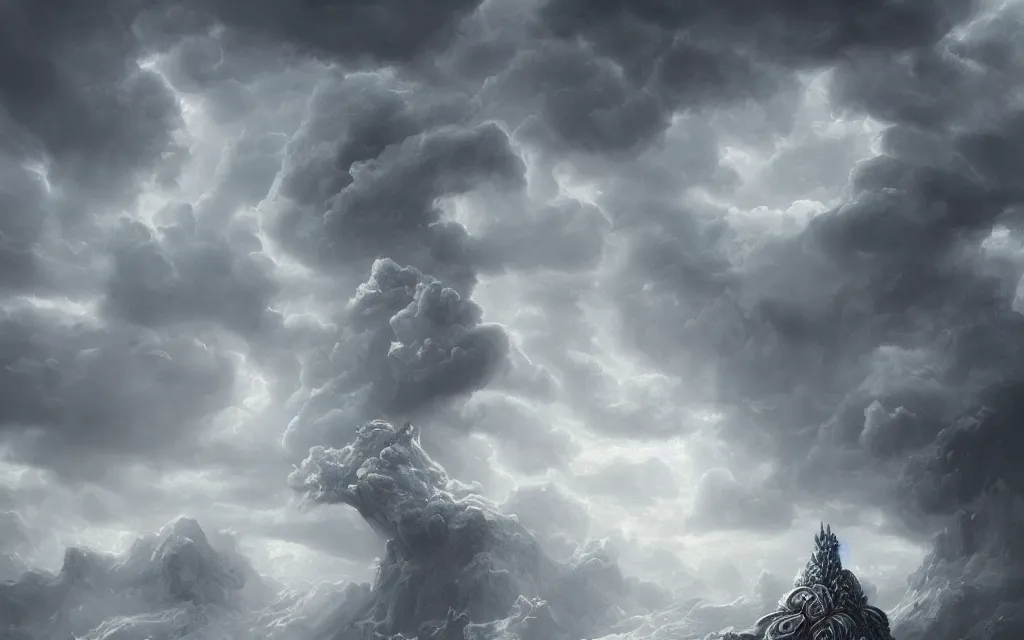 Image similar to portrait of demigod throne clouds, face made out of clouds, dramatic, intricate, elegant, detailed, digital painting, artstation, concept art, smooth, sharp focus, illustration, cinematic, gustave dore, octane render