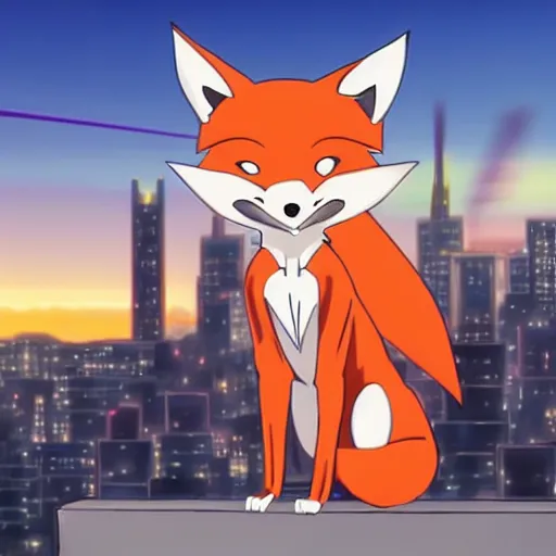 Image similar to key anime visual of an anthropomorphic fox, wearing a tuxedo on a city rooftop at sunrise, modern anime style, official anime still