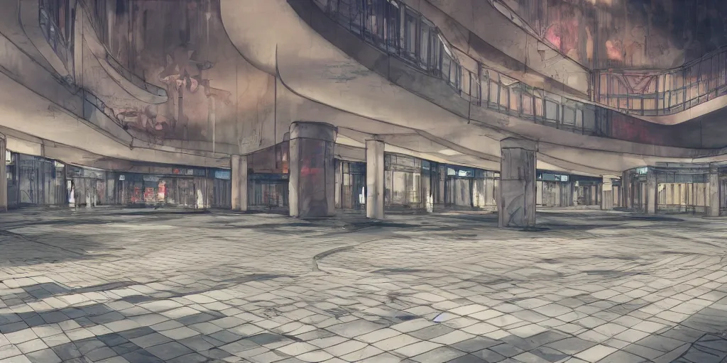 Image similar to abandoned mall at night, a fountain with benches in the middle, subtle wear - and - tear, anime!, award - winning digital art