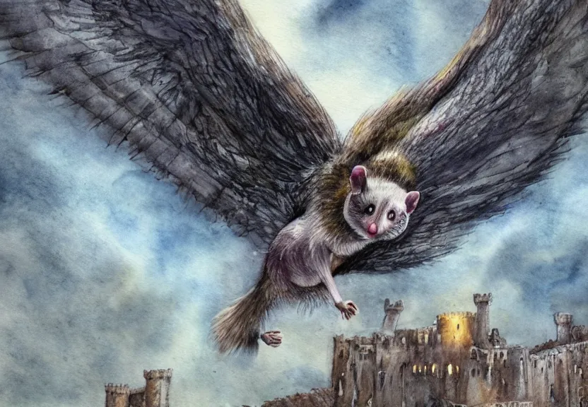 Image similar to epic winged possum flying over a medieval castle under a dark starred sky, dark fantasy, watercolor, dreaming illusion, highly detailed, 4k, trending on Artstation, award-winning