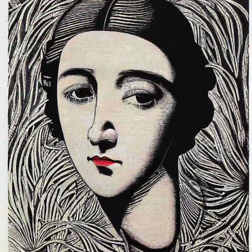 Prompt: portrait of a beautiful young lady with silver eyes, woodcut, poster art, by Mackintosh, art noveau, by ernst haeckel