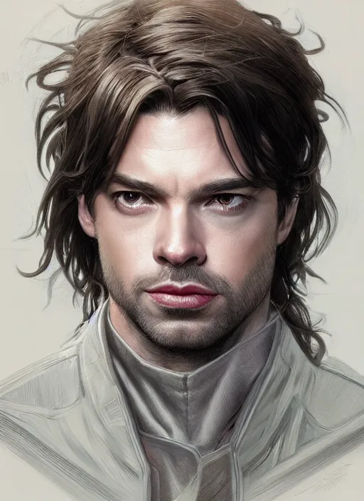 Image similar to beautiful head and shoulders portrait of bucky barnes, casual clothing, intricate, elegant, highly detailed, digital painting, beautiful highly detailed face, artstation, concept art, smooth, sharp, focus, illustration, art by artgerm and greg rutkowski and alphonse mucha