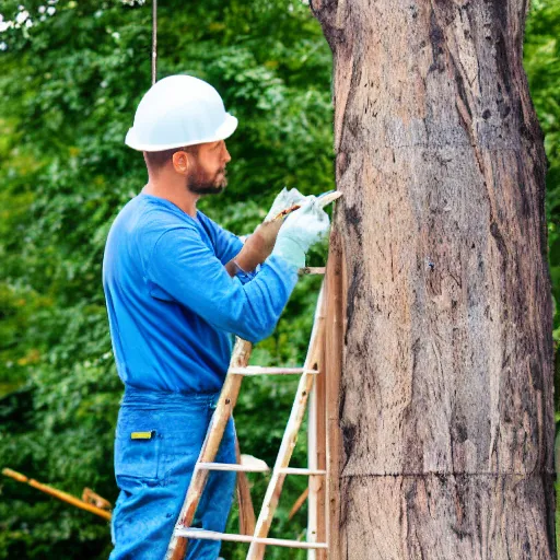 Image similar to construction worker painting a tree blue