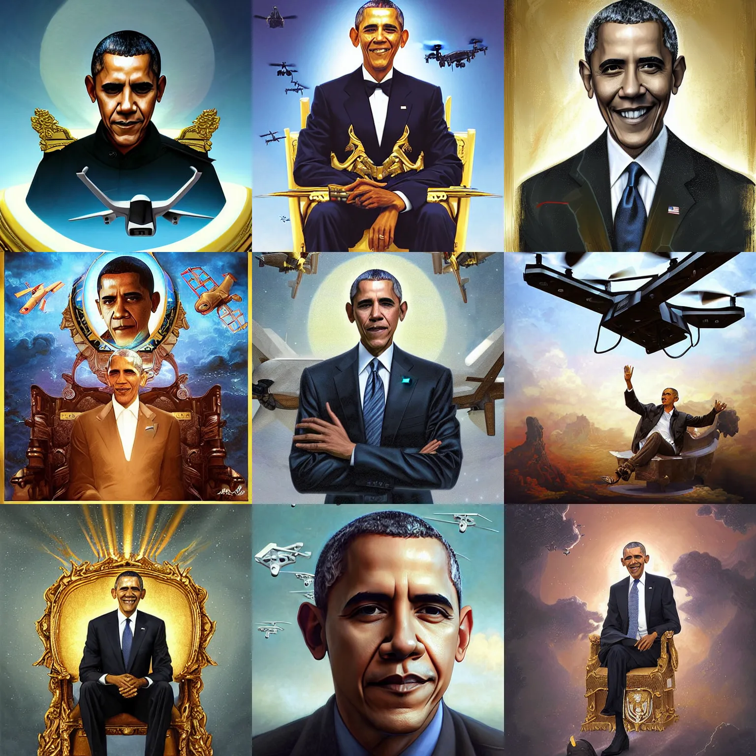 Prompt: digital art portrait of Barack Obama (played by Barack Obama) The Drone King sitting in the sky on a golden throne with MQ-1 Predator Drones (military) flying out from under it, intricate details, By Ruan Jia and Stanley Artgerm, Range Murata and WLOP and Ross Tran and William-Adolphe Bouguereau. Key Art. Fantasy Illustration. award winning, Artstation, smooth, Hyperdetailed, 8k resolution.