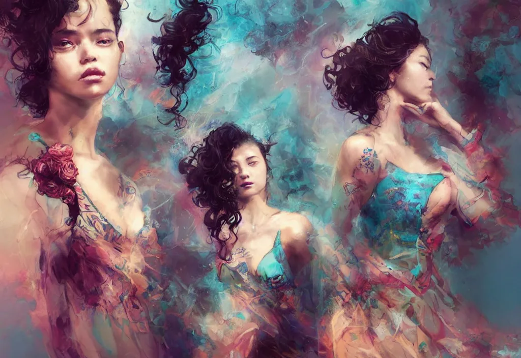 Image similar to full body portrait of a trio of 1 9 years old girl figures, curly messy high bun hairstyle, oriental tattoos, jewelry, subject wearing a high fashion gown, flowing, beautiful, dramatic, cinematic lighting, highly detailed, few vivid turquoise highlights, by ross tran and jeremy mann, artstation, pixiv