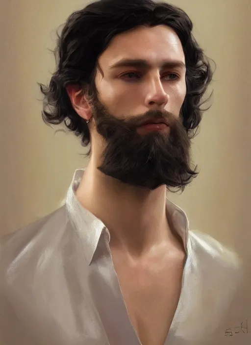 Image similar to portrait of Ernest Khalimov, thinking pose, sigma male, gigachad, medium black hair, Nordic crown, black luxurious suit, fantasy, elegant, realistic, highly detailed, digital painting, artstation, concept art, smooth, sharp focus, illustration, art by artgerm and greg rutkowski and alphonse mucha