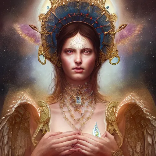 Image similar to A beautiful digital painting of a female Seraphim full of jewels, princess, the moon behind her, intricate, cinematic lighting, highly detailed, digital painting, Artstation, concept art, smooth, sharp focus, illustration, art by Tom Bagshaw, Artgerm and Greg Rutkowski