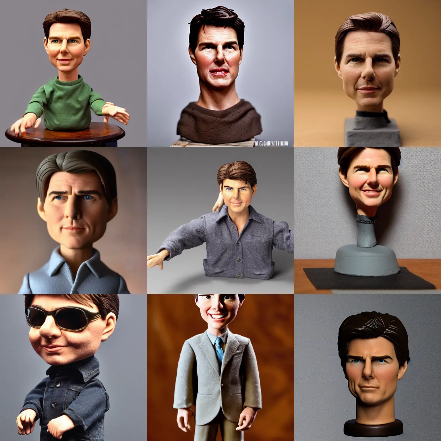 Prompt: tom cruise!!! extremely realistic!!! smooth specular clay! extremely close smooth specular sculpted headshot of tom cruise clay puppet , soft light dull mood, low saturation, on wooden table. style: claymation puppet kids clay ,by will vinton ,by guldies