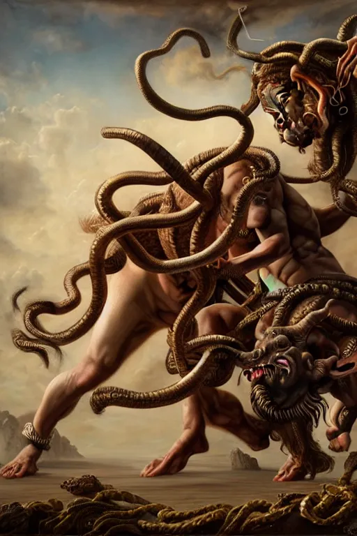 Prompt: minotaur vs medusa gorgon, realistic, detailed, highly detailed, hyper detailed, high definition, extremely detailed oil painting, beautiful composition, trending on artstation, award - winning photograph, masterpiece, intricate, portrait, 8 k highly professionally detailed, hdr, cgsociety