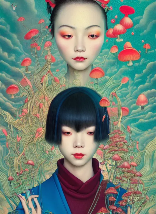 Prompt: pretty chinese girl holds hallucination mushroom : : by martine johanna and simon stalenhag and chie yoshii and casey weldon and wlop : : ornate, dynamic, particulate, rich colors, intricate, elegant, highly detailed, centered, artstation, smooth, sharp focus, octane render, 8 k