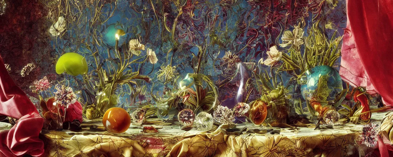 Prompt: ultradetailed reailistic still life with jelly flowers by ernst haeckel, caravaggio, roger dean and andrei tarkovsky, beautiful drapes, colourful slime, few eyeballs, wide angle, cinematic, rich ethereal colours, octane render, bokeh, unreal engine, 4k 3d render