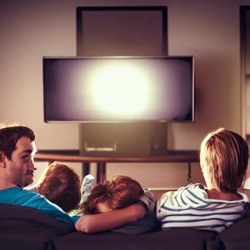 Image similar to actors mask family watching tv, britt marling style 3 / 4, 8 k, sharp focus, soft light, volumetric lighting, highly detailed realistic, refined, artstation