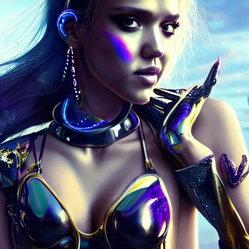 Image similar to jessica alba as an edm jewelry catgirl cyborg | sweaty porcelain polished rich enticing ornate modern | weta disney movie still photo | hi - fructose, sci fi fantasy, golden ratio details, smooth, octane render, sharp focus, artstation, concept art, illustration | rutkowski, artgerm, mucha, wlop, loish |