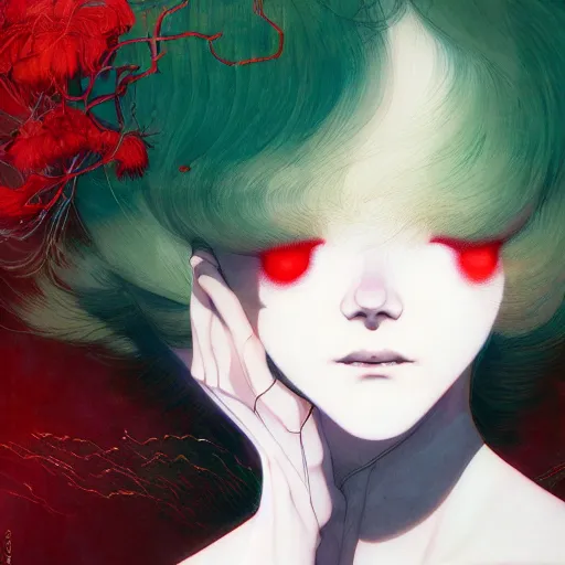 Image similar to prompt : pale red and deep green portrait soft light painted by james jean and katsuhiro otomo and erik jones, inspired by evangeleon anime, smooth face feature, intricate oil painting, high detail illustration, sharp high detail, manga and anime 1 9 9 9