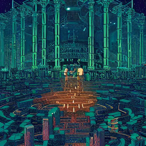 Image similar to Stunningly intricate illustration of a cyberpunk explorer overlooking a maze-like temple, highly detailed, midnight, by Victo Ngai and James Gilleard , Moebius, Laurie Greasley