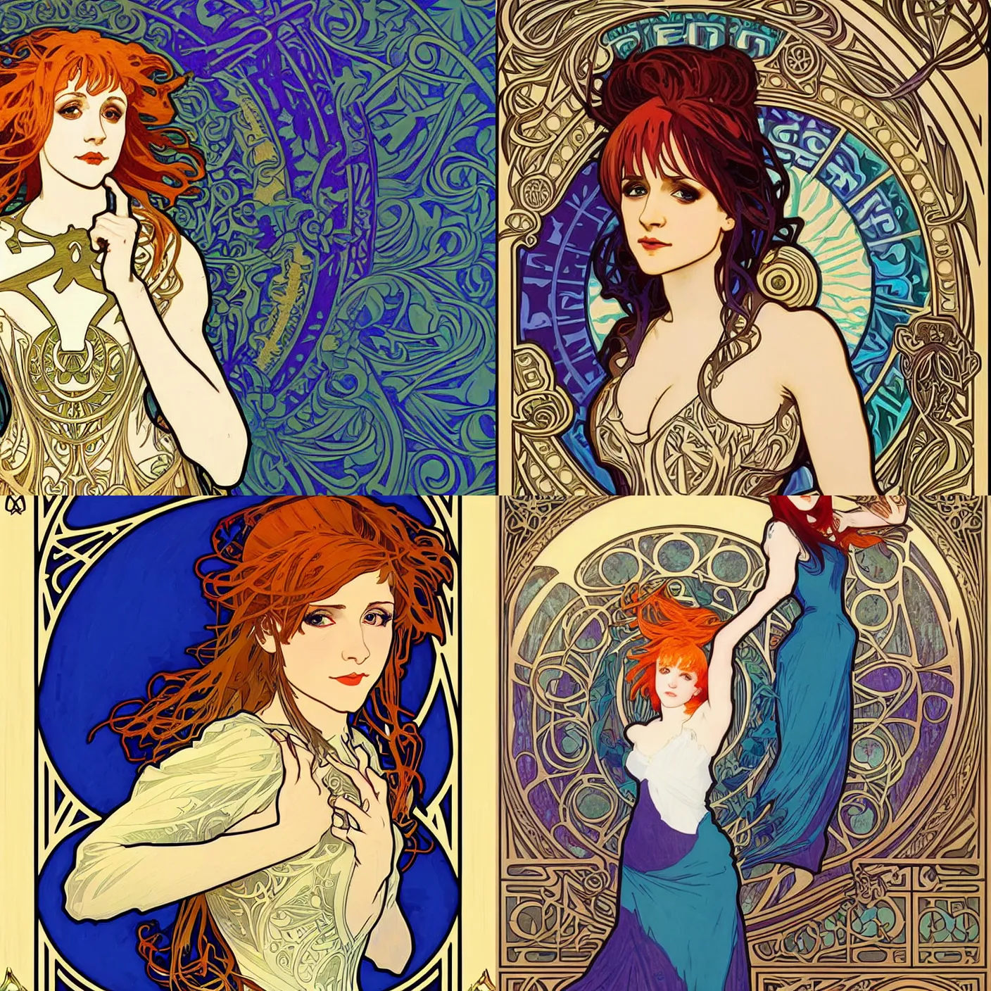 Prompt: Alphonse Mucha, art nouveau, wood carving, beautiful pretty female Hayley Williams Paramore, smile, symmetrical, symmetrical eyes, realistic, victorian blue dress, long red hair, full body action pose, gold green blue purple, Unreal Engine