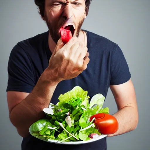 Image similar to man angrily eating salad, studio photography